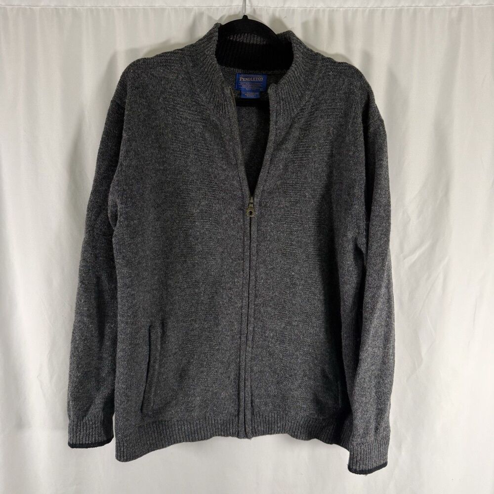 Pendleton Virgin Wool Sweater Men's large Grey Full Zip Shetland Wool Pockets